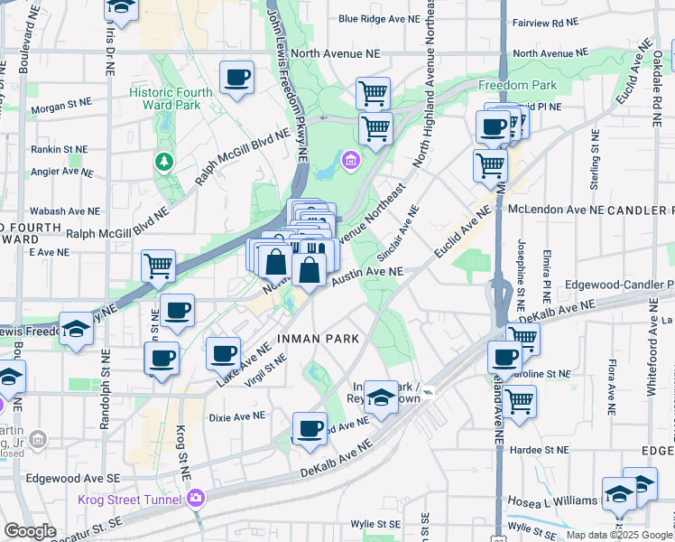 map of restaurants, bars, coffee shops, grocery stores, and more near 940 Austin Avenue Northeast in Atlanta