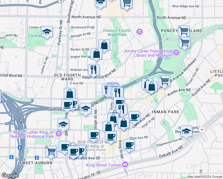 map of restaurants, bars, coffee shops, grocery stores, and more near 287 Fortune Street Northeast in Atlanta