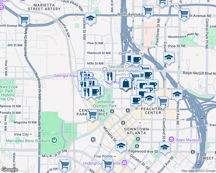 map of restaurants, bars, coffee shops, grocery stores, and more near 140-186 Baker Street Northwest in Atlanta