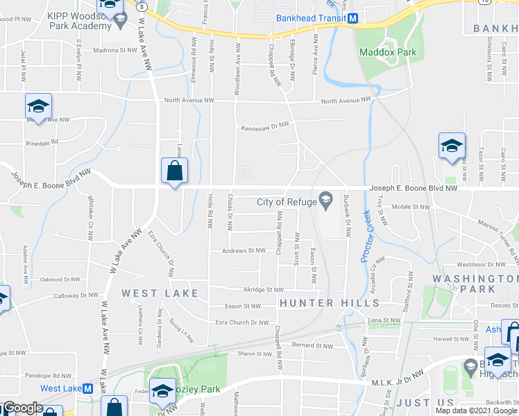 map of restaurants, bars, coffee shops, grocery stores, and more near 1440 Hawkins Street Northwest in Atlanta