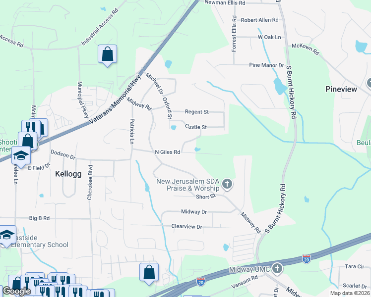 map of restaurants, bars, coffee shops, grocery stores, and more near 1590 Crown Street in Douglasville