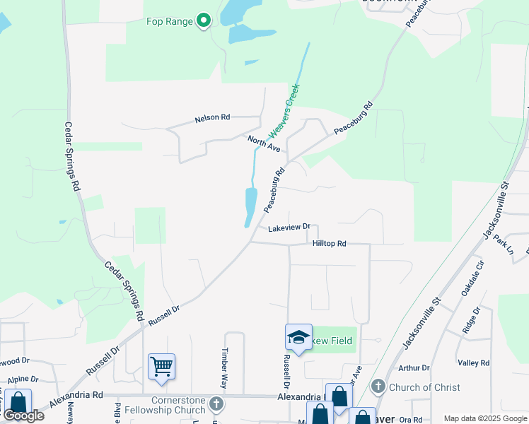 map of restaurants, bars, coffee shops, grocery stores, and more near 505 Lakeview Drive in Weaver