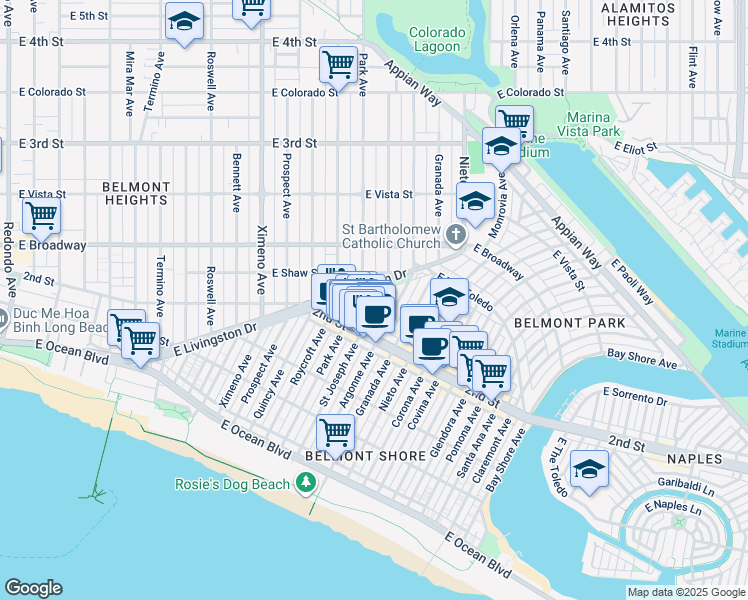 map of restaurants, bars, coffee shops, grocery stores, and more near 221 Saint Joseph Avenue in Long Beach