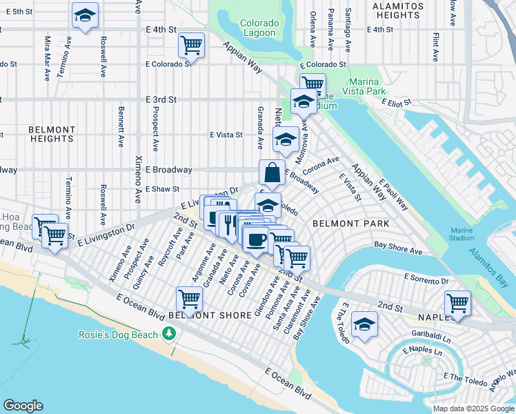 map of restaurants, bars, coffee shops, grocery stores, and more near 239 Nieto Avenue in Long Beach
