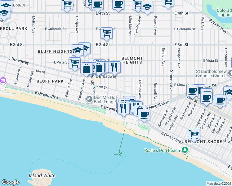 map of restaurants, bars, coffee shops, grocery stores, and more near 3665 East 1st Street in Long Beach