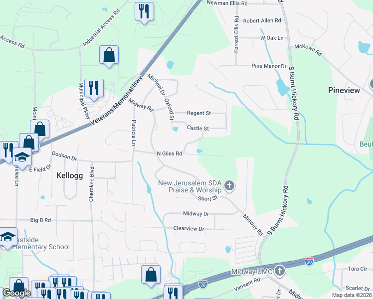 map of restaurants, bars, coffee shops, grocery stores, and more near 1590 Crown Street in Douglasville