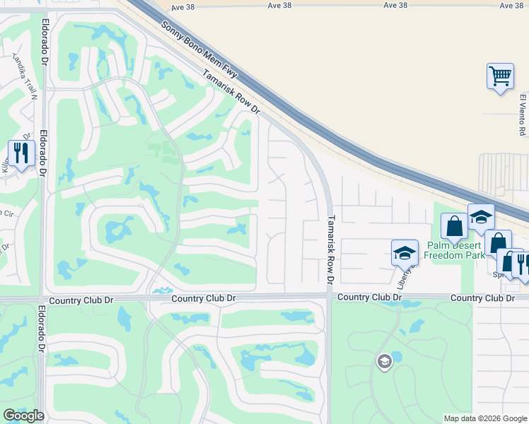 map of restaurants, bars, coffee shops, grocery stores, and more near 76787 Bishop Place in Palm Desert