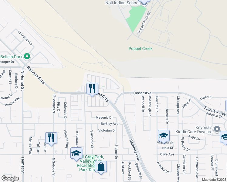 map of restaurants, bars, coffee shops, grocery stores, and more near 24600 Mountain Avenue in Hemet