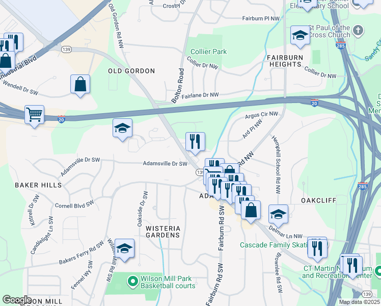 map of restaurants, bars, coffee shops, grocery stores, and more near 2530 Martin Luther King Junior Drive Southwest in Atlanta