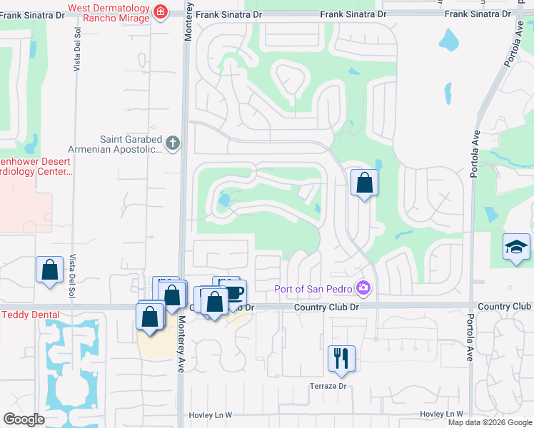 map of restaurants, bars, coffee shops, grocery stores, and more near 73450 Country Club Drive in Palm Desert