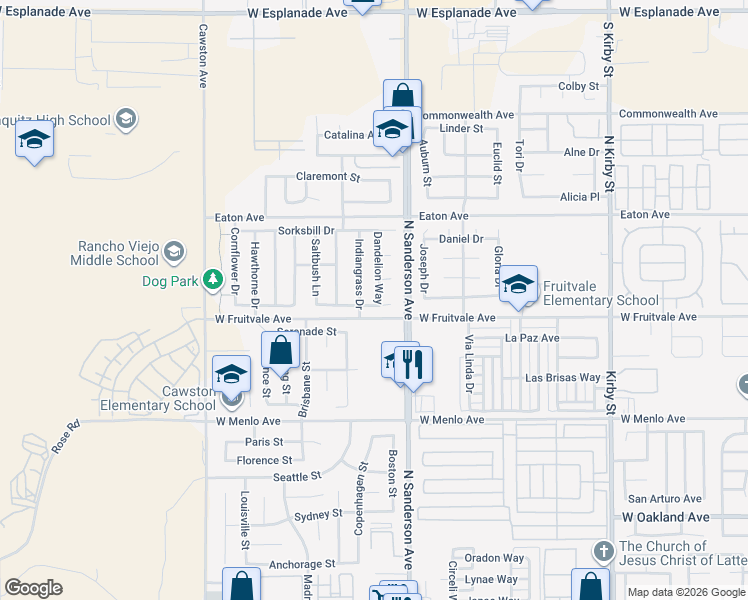 map of restaurants, bars, coffee shops, grocery stores, and more near 941 Dandelion Way in Hemet