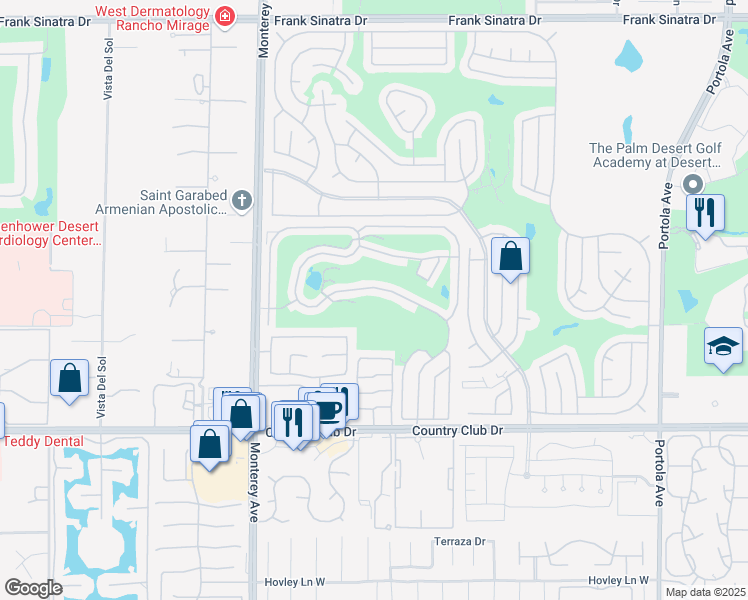 map of restaurants, bars, coffee shops, grocery stores, and more near 73450 Country Club Drive in Palm Desert