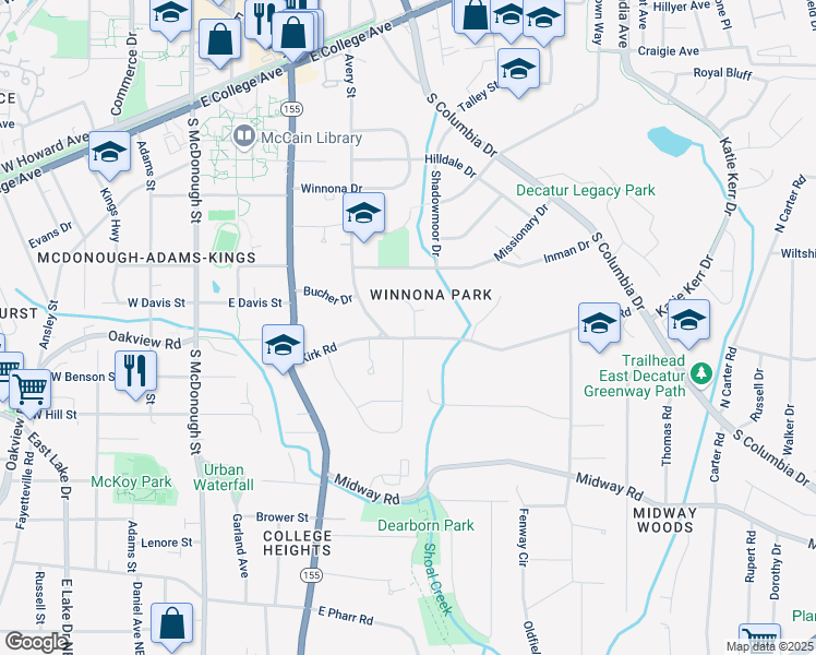 map of restaurants, bars, coffee shops, grocery stores, and more near 108 Kirk Crossing Drive in Decatur