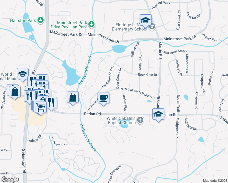 map of restaurants, bars, coffee shops, grocery stores, and more near 5001 North Redan Circle in Stone Mountain