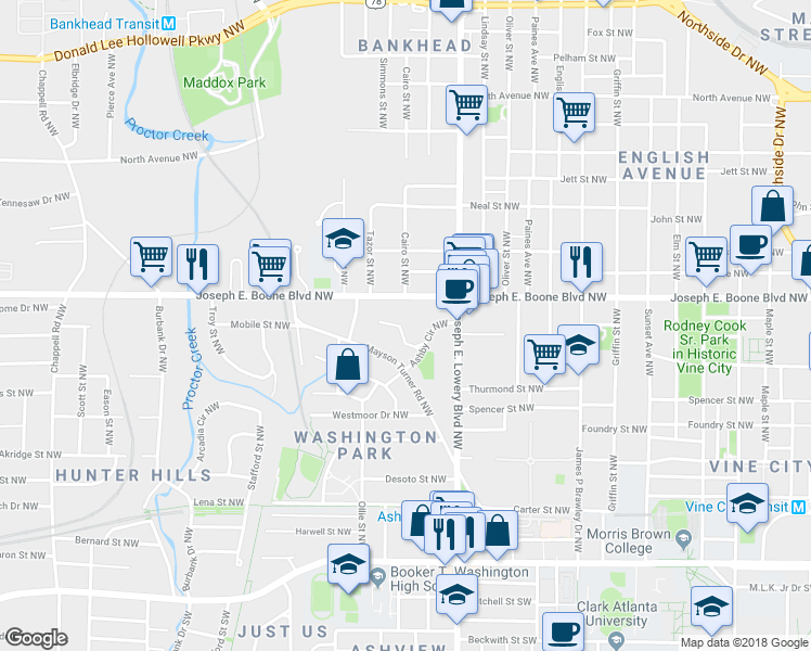 map of restaurants, bars, coffee shops, grocery stores, and more near 1005 Ashby Terrace Northwest in Atlanta