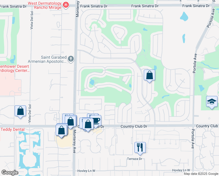 map of restaurants, bars, coffee shops, grocery stores, and more near 73450 Country Club Drive in Palm Desert