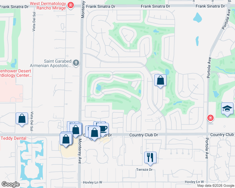 map of restaurants, bars, coffee shops, grocery stores, and more near 2 Palm Desert Drive North in Palm Desert
