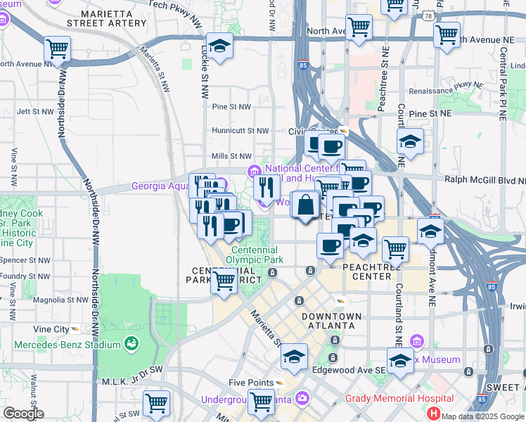 map of restaurants, bars, coffee shops, grocery stores, and more near 121 Baker Street Northwest in Atlanta