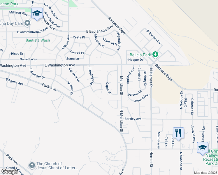 map of restaurants, bars, coffee shops, grocery stores, and more near 2295 Capet Street in San Jacinto