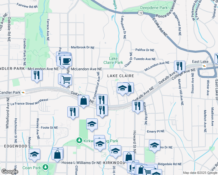 map of restaurants, bars, coffee shops, grocery stores, and more near 309 Mathews Avenue Northeast in Atlanta