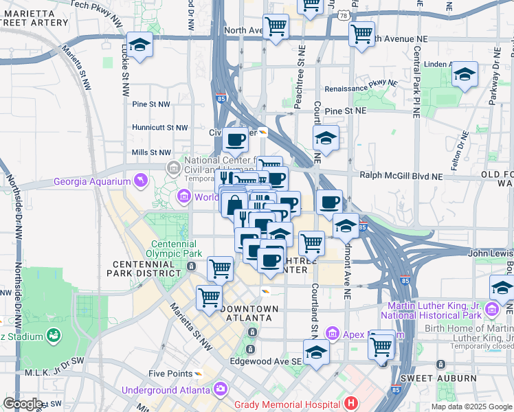 map of restaurants, bars, coffee shops, grocery stores, and more near 270 Peachtree Street in Atlanta