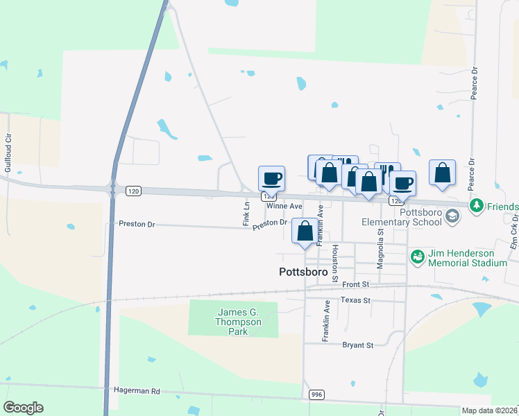 map of restaurants, bars, coffee shops, grocery stores, and more near 104 Loraine Street in Pottsboro