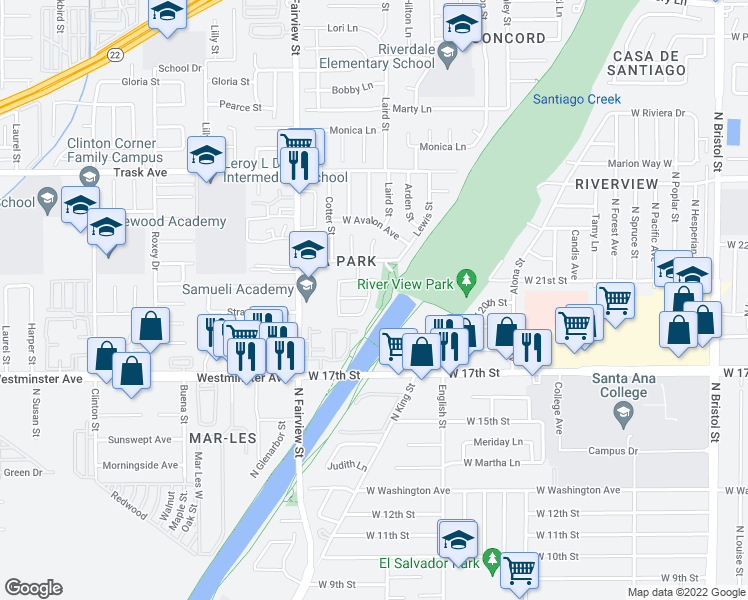 map of restaurants, bars, coffee shops, grocery stores, and more near 1901 Laird Street in Santa Ana