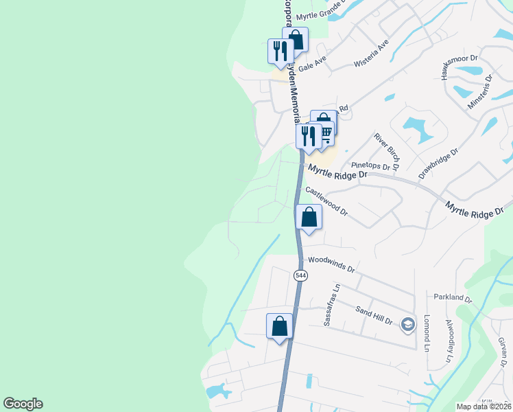map of restaurants, bars, coffee shops, grocery stores, and more near 1022 Woodfield Circle in Conway