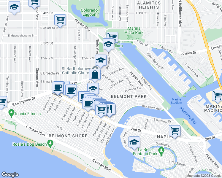 map of restaurants, bars, coffee shops, grocery stores, and more near 266 La Verne Avenue in Long Beach