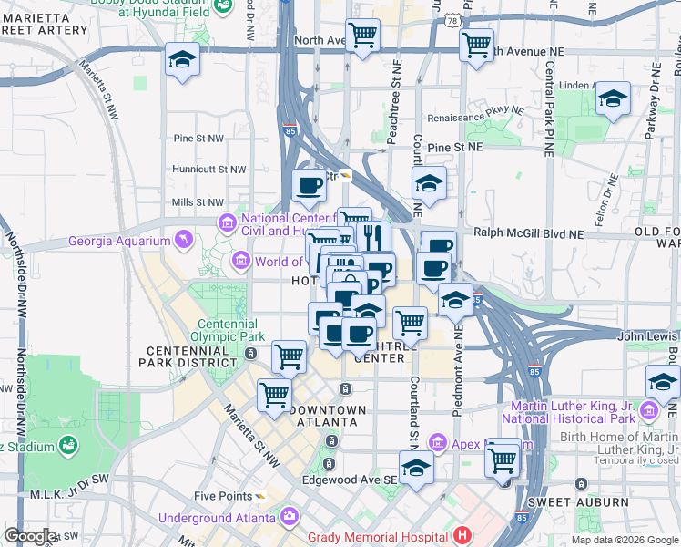 map of restaurants, bars, coffee shops, grocery stores, and more near 300 Peachtree Street in Atlanta