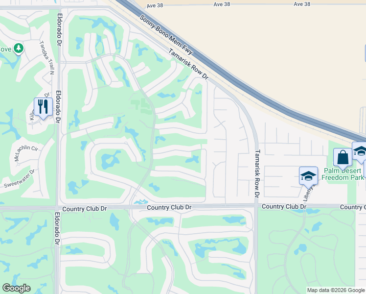 map of restaurants, bars, coffee shops, grocery stores, and more near 76636 Daffodil Drive in Palm Desert