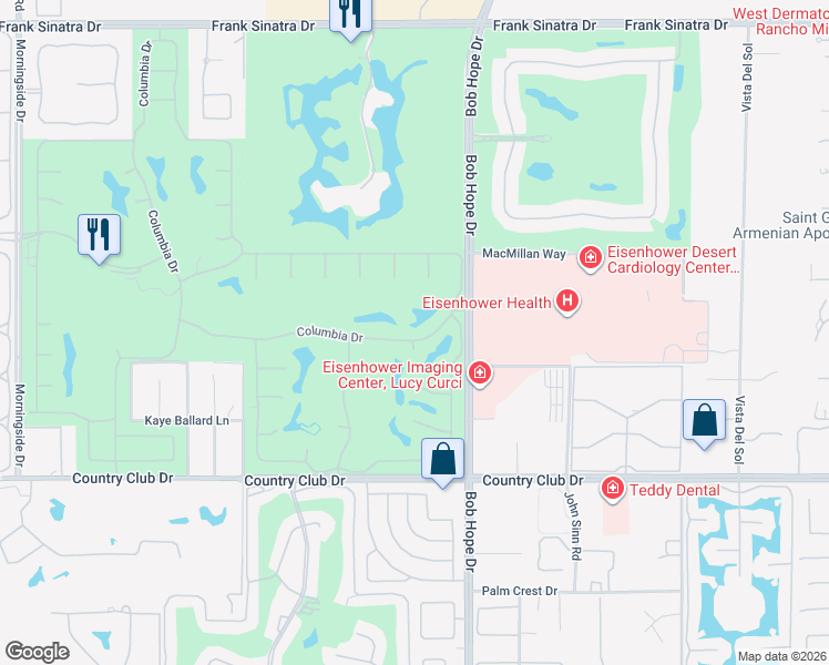 map of restaurants, bars, coffee shops, grocery stores, and more near 12 Columbia Drive in Rancho Mirage
