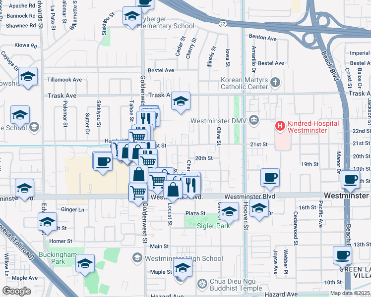 map of restaurants, bars, coffee shops, grocery stores, and more near 13781 Cherry Street in Westminster