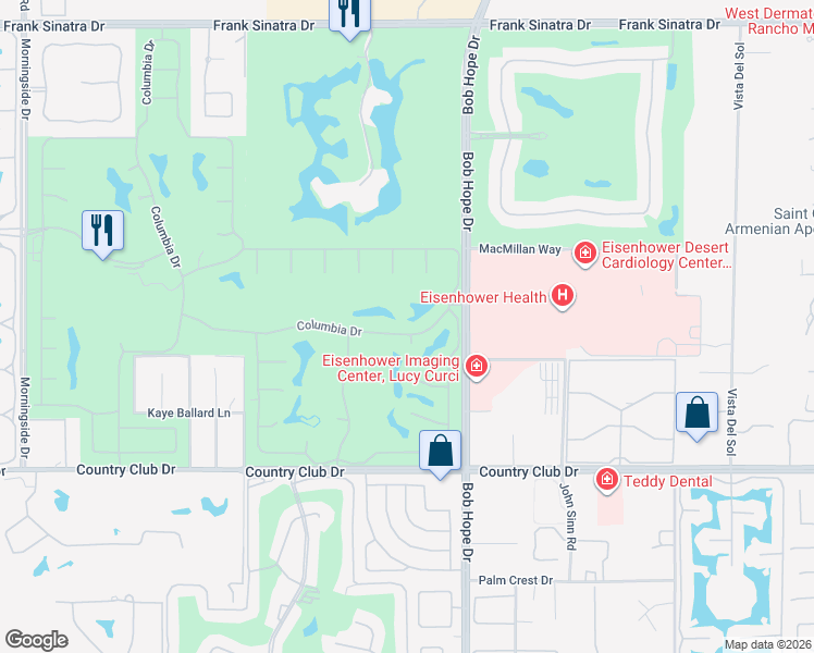 map of restaurants, bars, coffee shops, grocery stores, and more near 14 Columbia Drive in Rancho Mirage