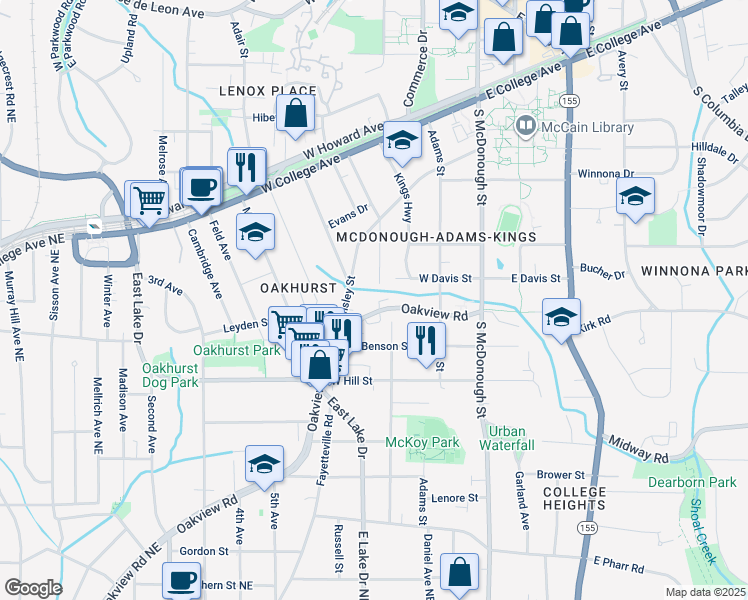 map of restaurants, bars, coffee shops, grocery stores, and more near 711 Oakview Road in Decatur