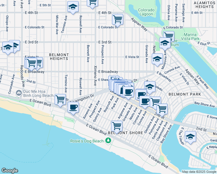 map of restaurants, bars, coffee shops, grocery stores, and more near 201 Quincy Avenue in Long Beach