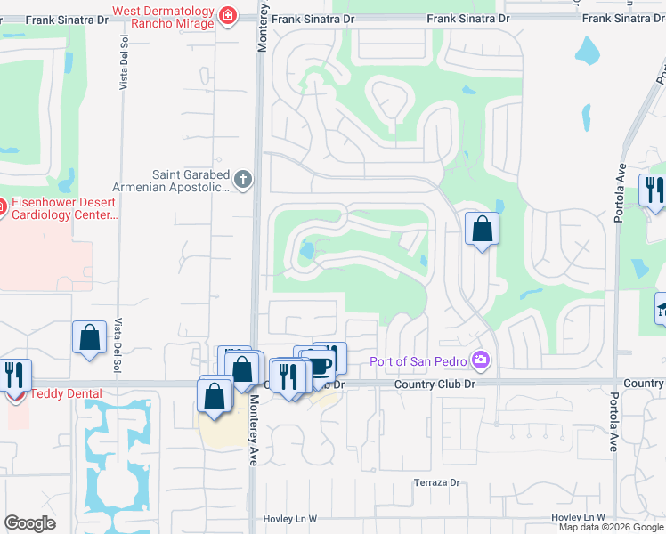 map of restaurants, bars, coffee shops, grocery stores, and more near 73450 Country Club Drive in Palm Desert