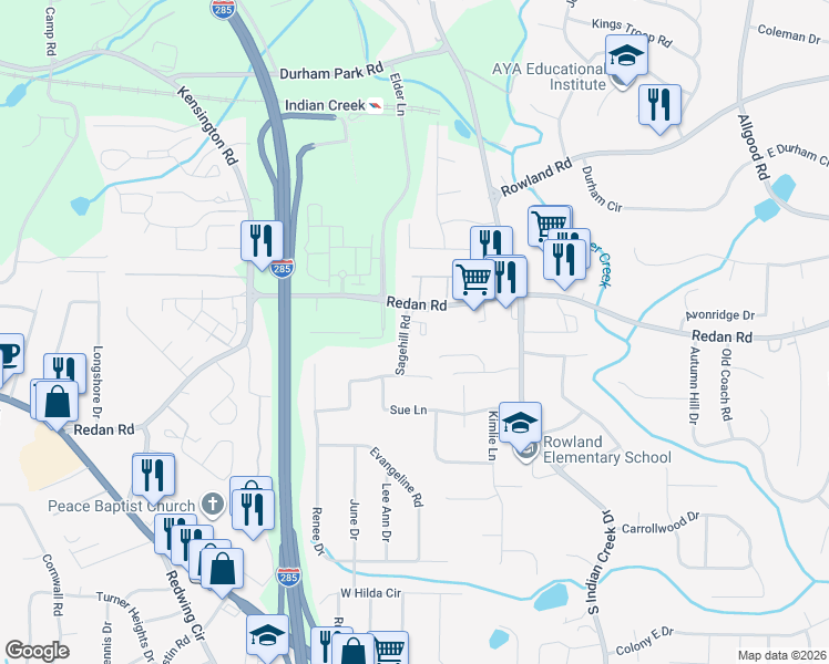 map of restaurants, bars, coffee shops, grocery stores, and more near 1115 Sagehill Road in Stone Mountain