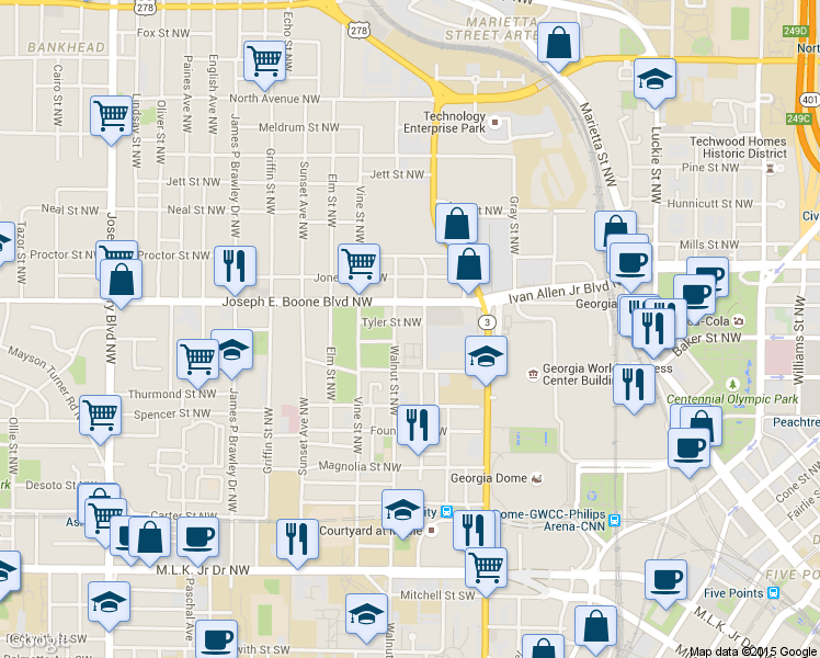 map of restaurants, bars, coffee shops, grocery stores, and more near 560 Tyler Street Northwest in Atlanta