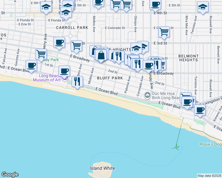 map of restaurants, bars, coffee shops, grocery stores, and more near 3001 East Ocean Boulevard in Long Beach