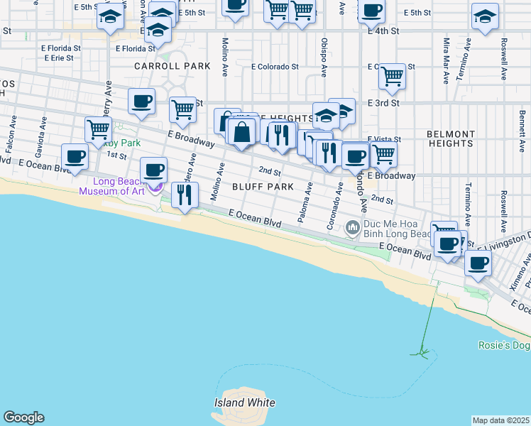 map of restaurants, bars, coffee shops, grocery stores, and more near 2999 East Ocean Boulevard in Long Beach