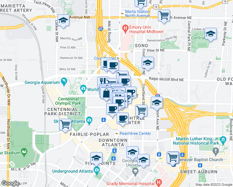 map of restaurants, bars, coffee shops, grocery stores, and more near 270 Peachtree Street in Atlanta