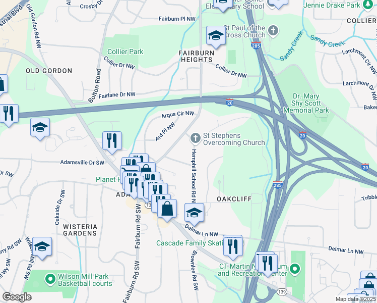 map of restaurants, bars, coffee shops, grocery stores, and more near 240 Hemphill School Road Northwest in Atlanta