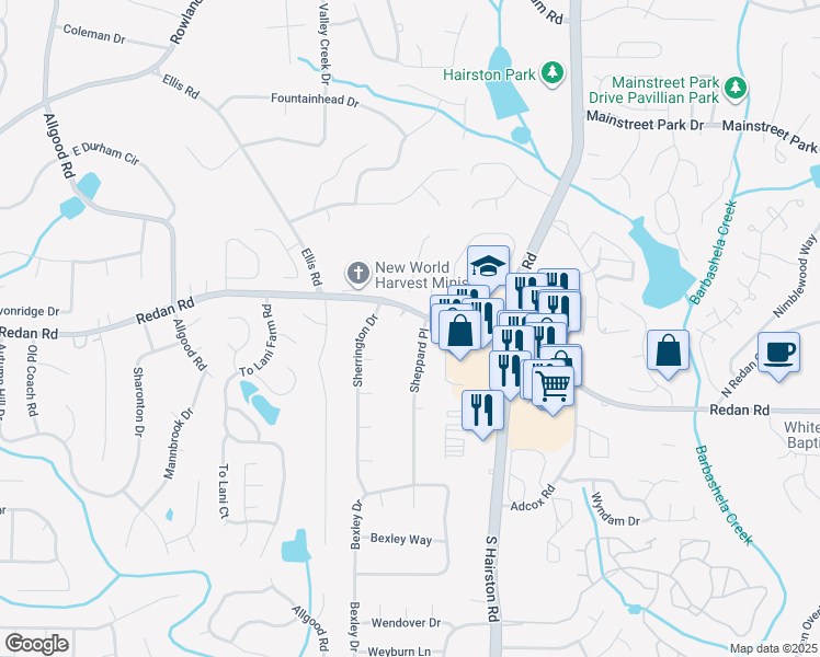 map of restaurants, bars, coffee shops, grocery stores, and more near 4695 Redan Road in Stone Mountain