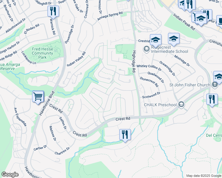 map of restaurants, bars, coffee shops, grocery stores, and more near 23 Country Meadow Road in Rolling Hills Estates