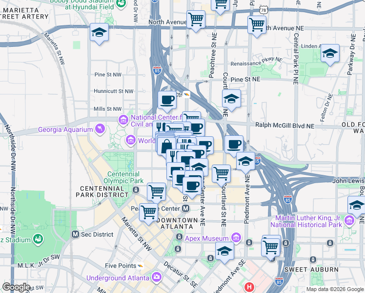 map of restaurants, bars, coffee shops, grocery stores, and more near 270 Peachtree Street in Atlanta