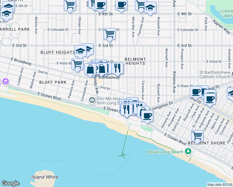 map of restaurants, bars, coffee shops, grocery stores, and more near 3665 East 1st Street in Long Beach