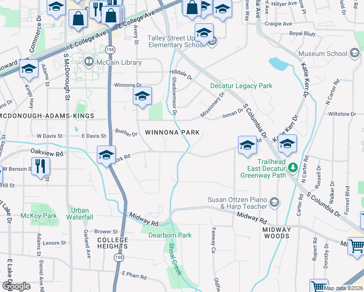 map of restaurants, bars, coffee shops, grocery stores, and more near 540 Kirk Road in Decatur