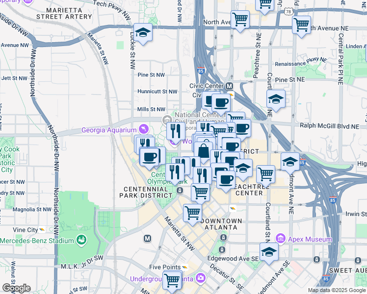 map of restaurants, bars, coffee shops, grocery stores, and more near 285 Centennial Olympic Park Drive Northwest in Atlanta