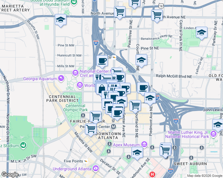 map of restaurants, bars, coffee shops, grocery stores, and more near 270 Peachtree Street in Atlanta